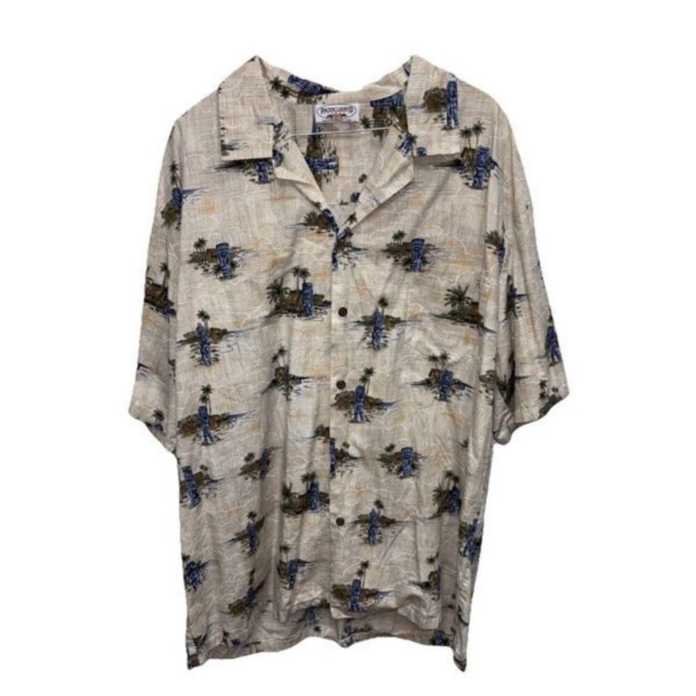 Pacific Legend Apparel Shirt Tiki Print Tan Short Sleeve Hawaiian 2XL Cotton Men